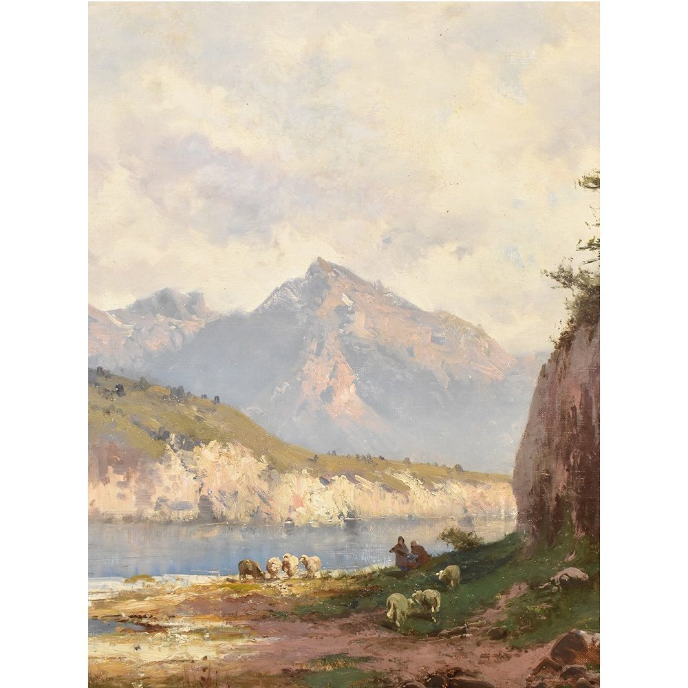 Landscape Painting, Mountain Landscape Painting, Sheep And Shepherds, Oil On Canvas, 19th Century. (Qp17) photo 1600.0