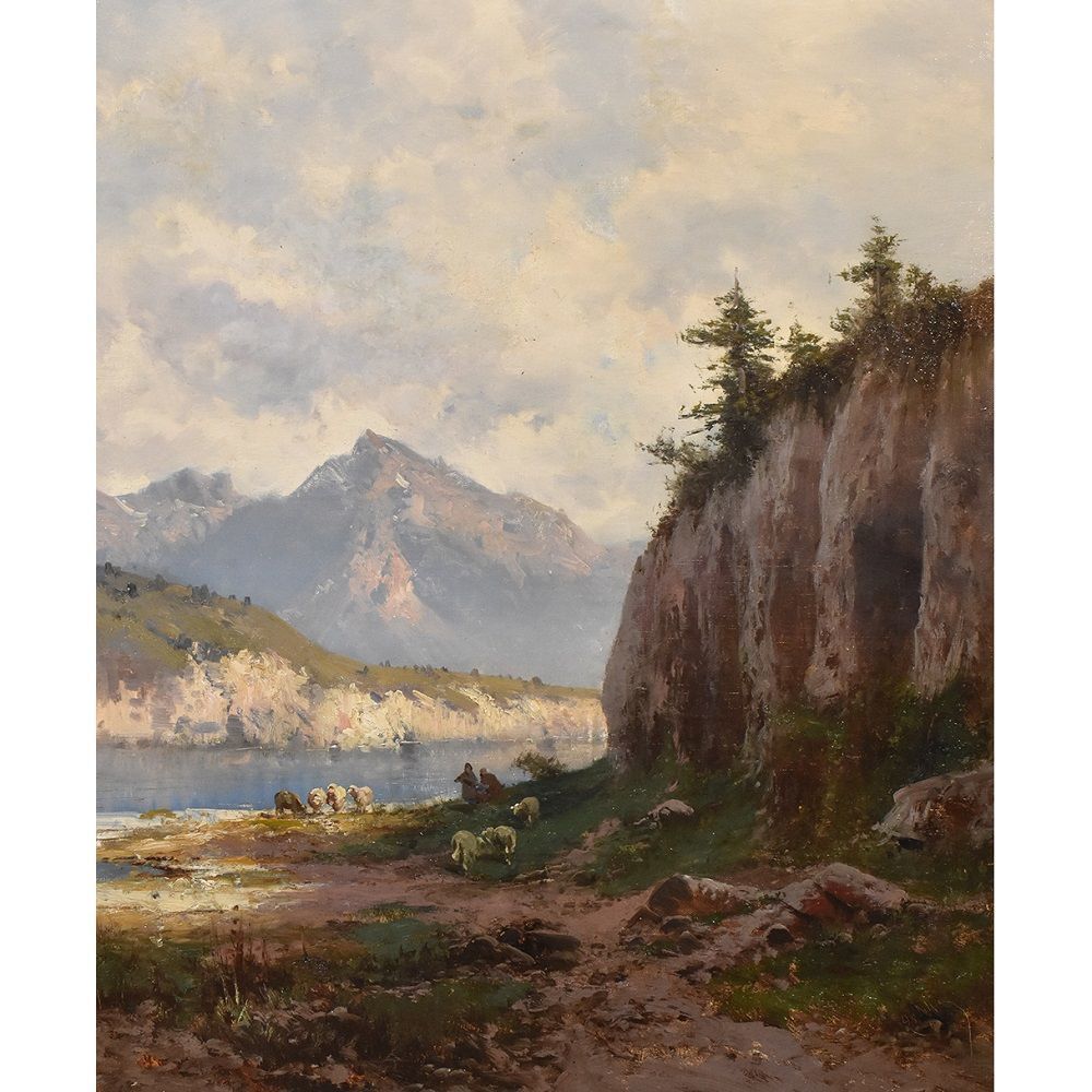 Landscape Painting, Mountain Landscape Painting, Sheep And Shepherds, Oil On Canvas, 19th Century. (Qp17) photo vinterior
