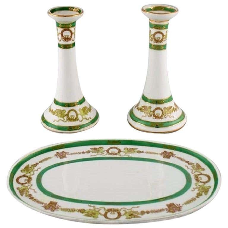 Limoges, France, Two Candlesticks And A Dish In Hand Painted Porcelain