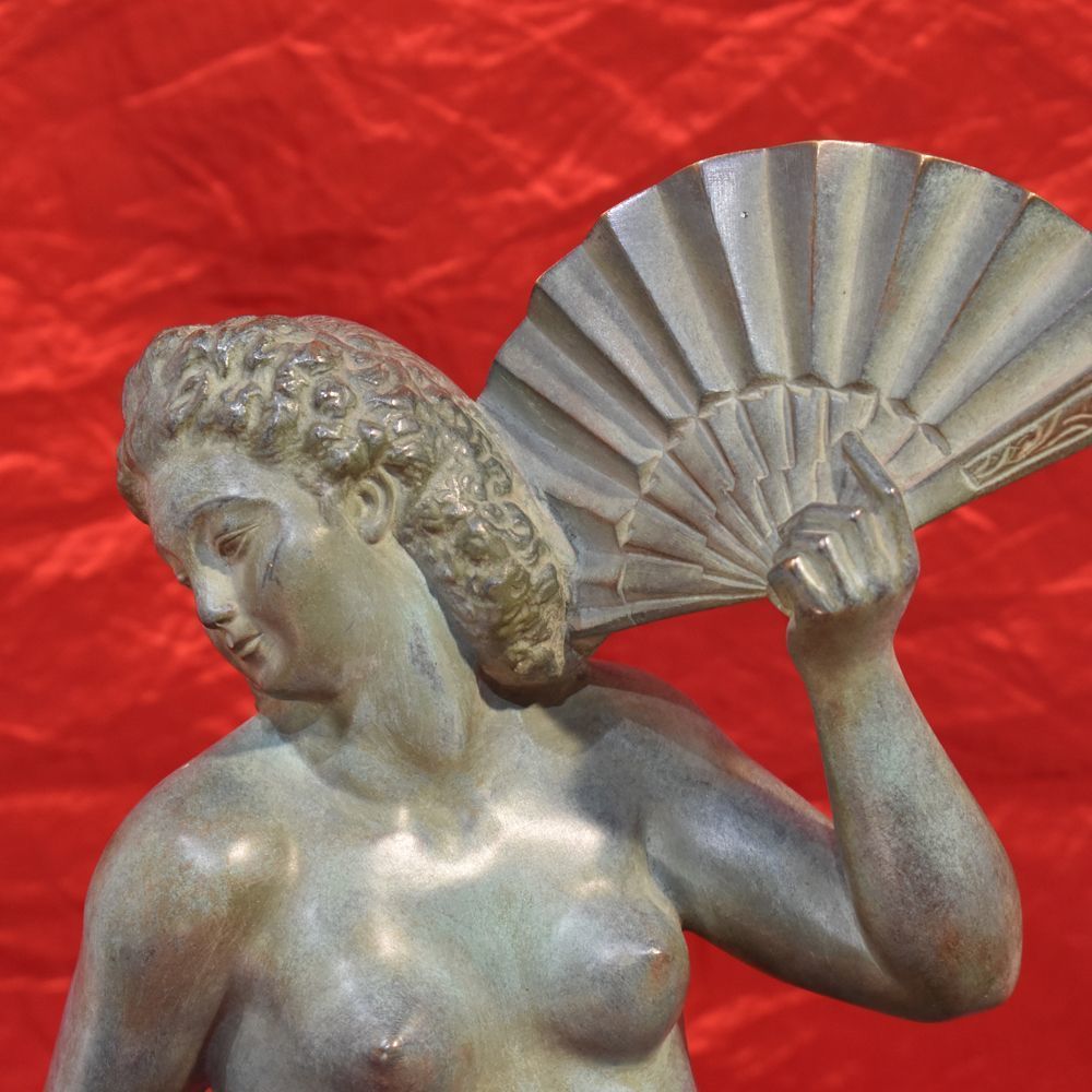 Antique Bronze Sculpture, Woman With Fan, Signed A. Soleau, French Sculptor, Art Deco.  (Stb31) photo 2000.0