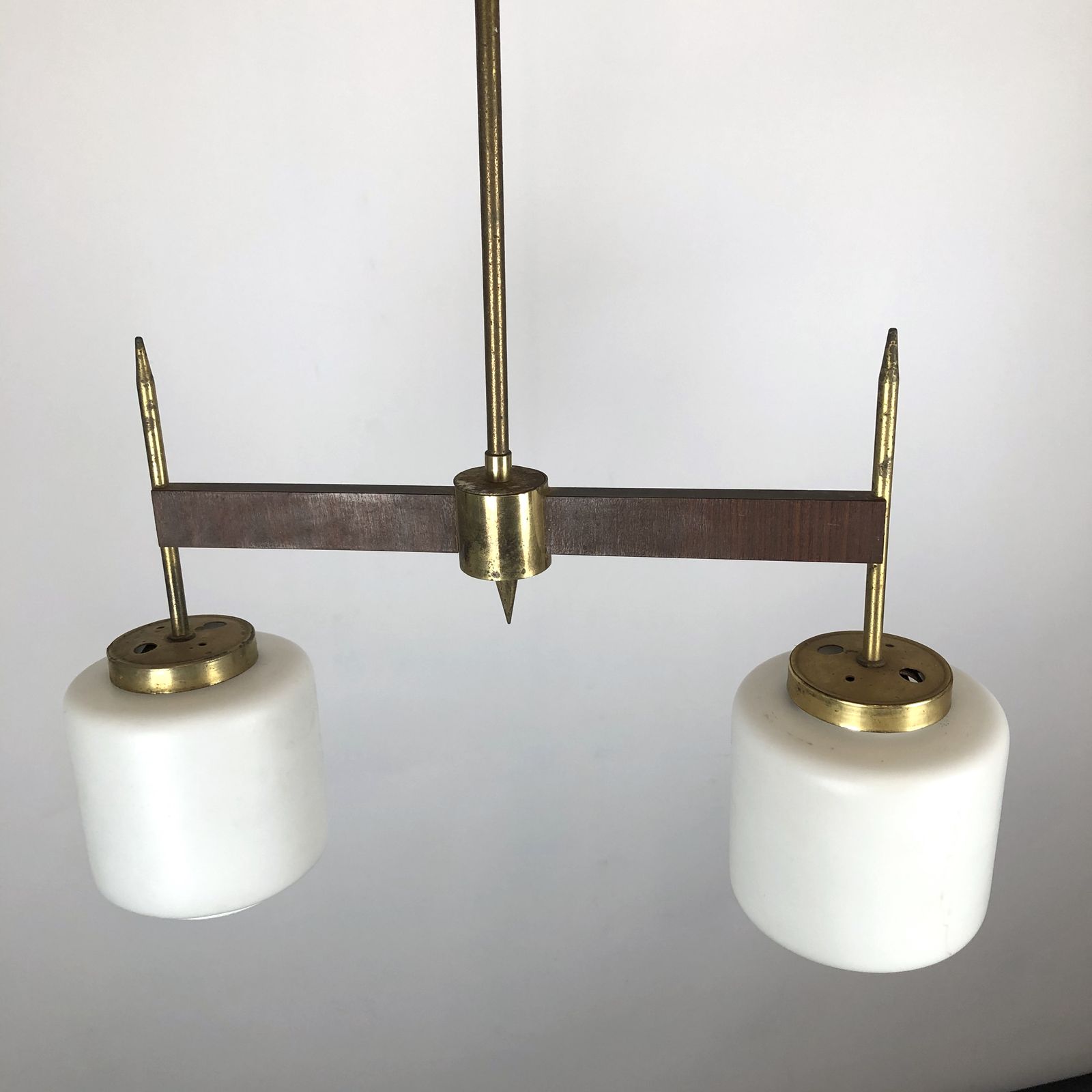 Vintage Italian Two Lights Brass, Wood And Opaline Chandelier From 50s photo for sale