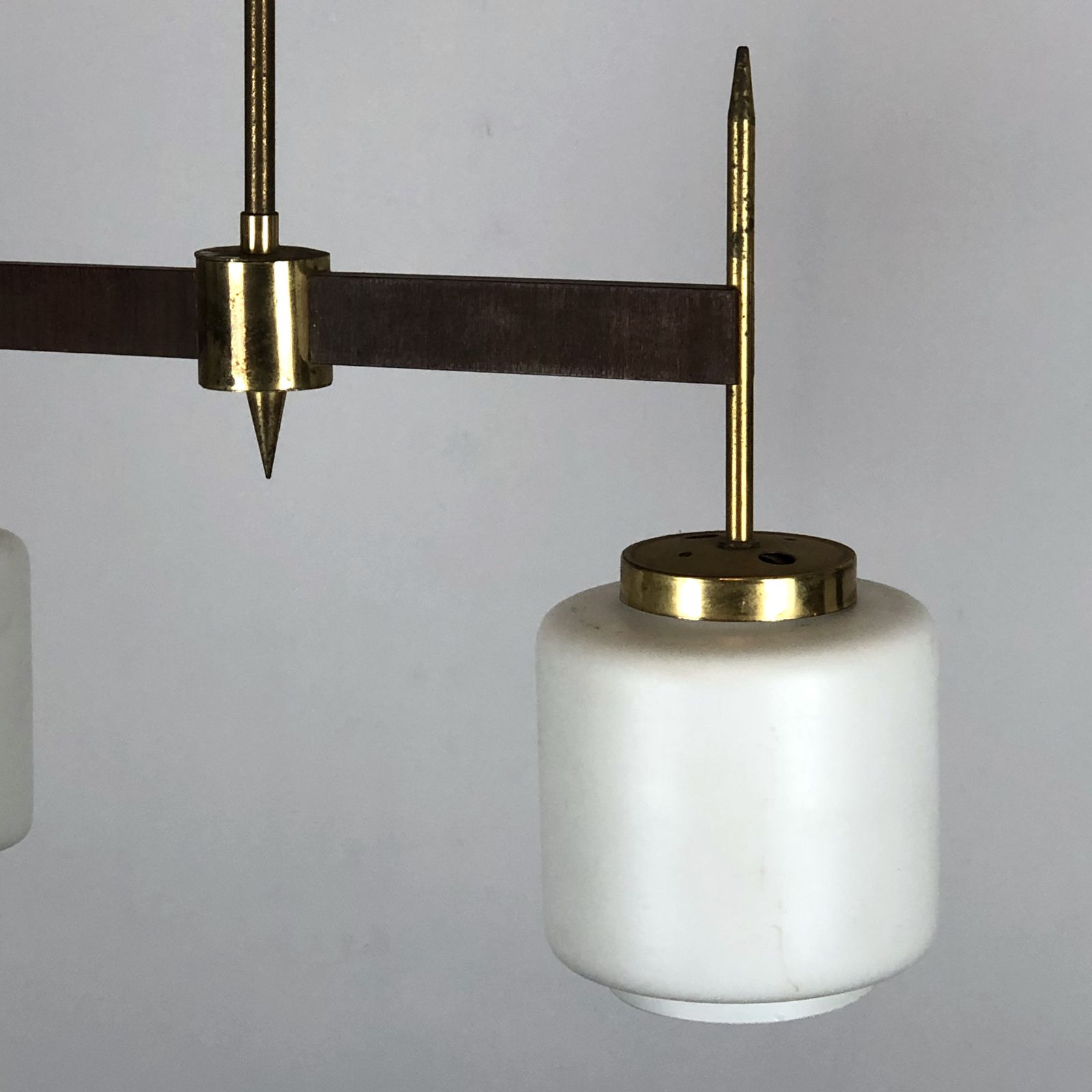 Vintage Italian Two Lights Brass, Wood And Opaline Chandelier From 50s photo 877.45
