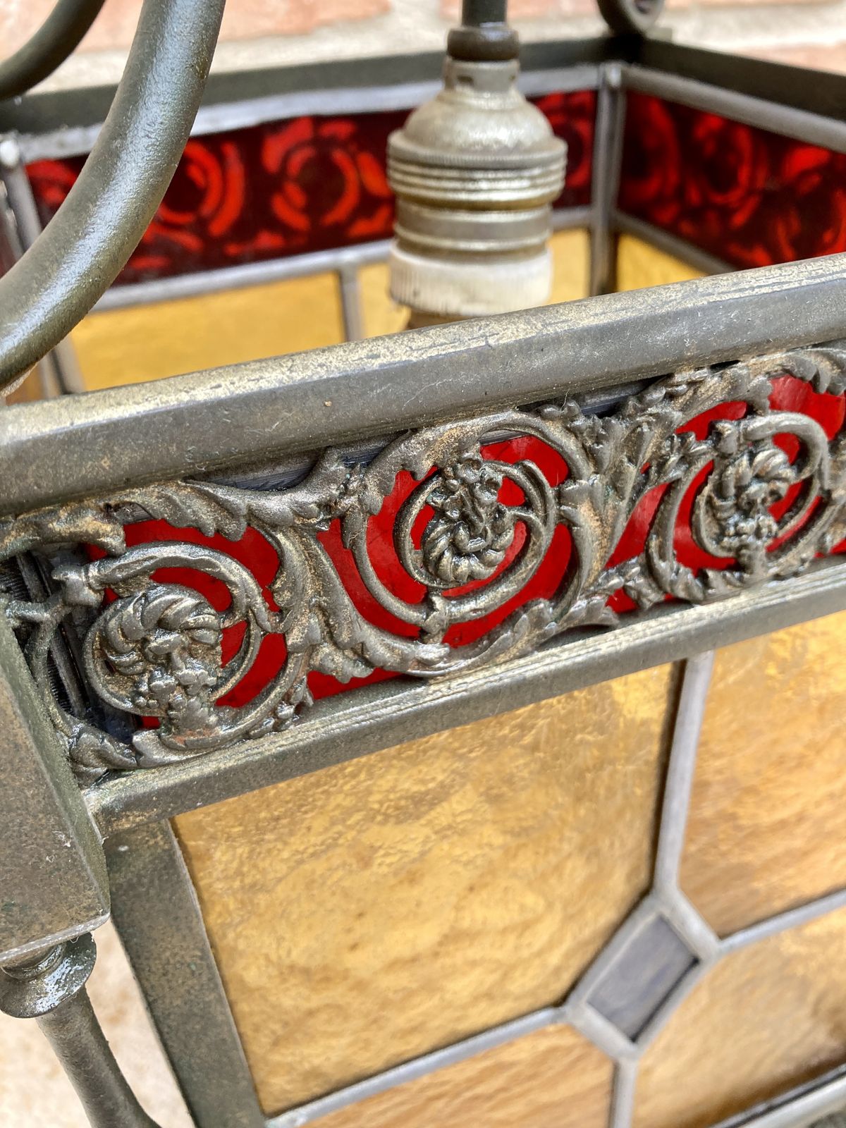 Antique Wrought Iron And Stained Glass Ceiling Lantern Lamp photo vintage