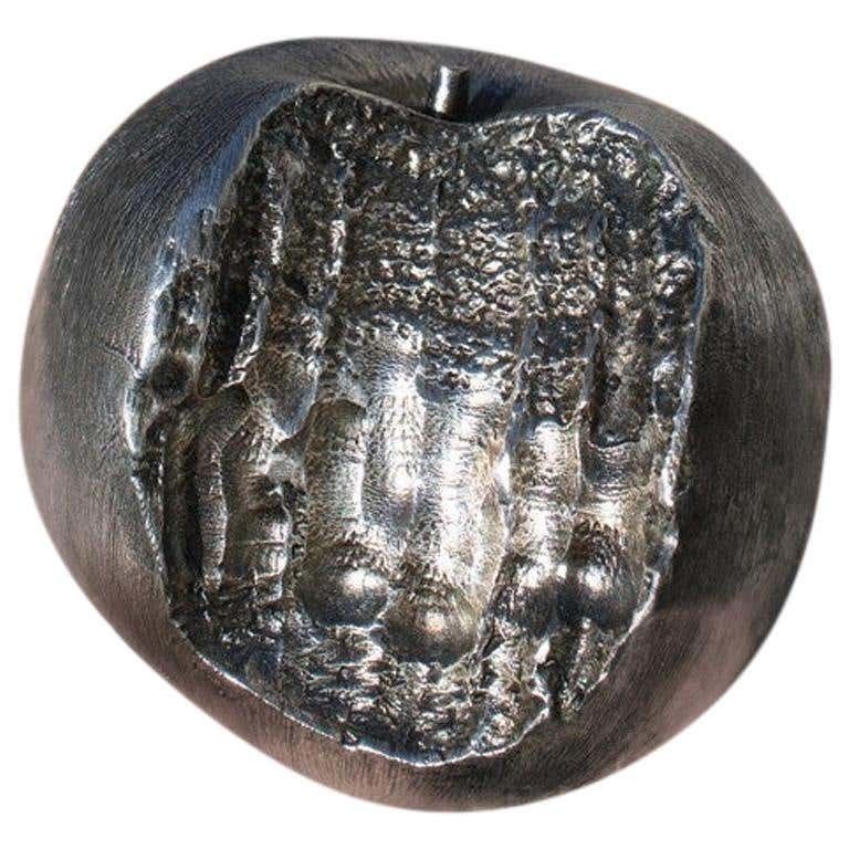 Apple Metal Sculpture With Bite Lebanese Artist Amine El Bacha Silver Color