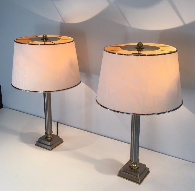 Pair Of Brushed Steel And Brass Lamps With Reclining Shades By Guy Lefèvre. Circa 1970 photo furniture