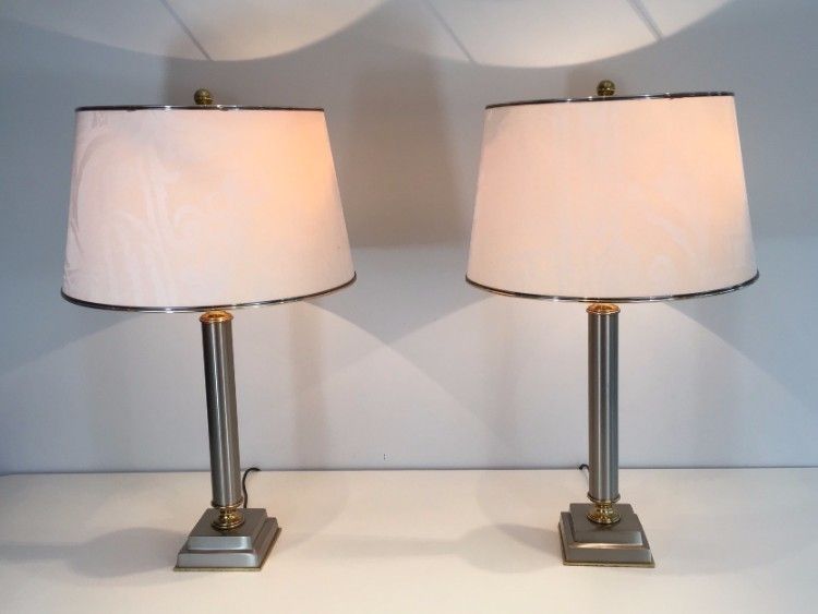 Pair Of Brushed Steel And Brass Lamps With Reclining Shades By Guy Lefèvre. Circa 1970 photo Lighting