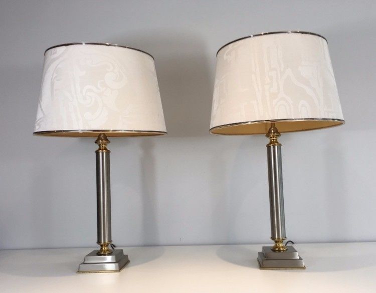 Pair Of Brushed Steel And Brass Lamps With Reclining Shades By Guy Lefèvre. Circa 1970 photo 1296.0
