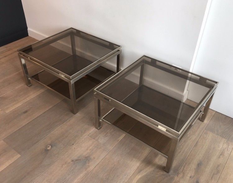 Pair Of Brushed Steel Side Tables With Smoked Glass By Guy Lefèvre For Maison Jansen. Circa 1970
