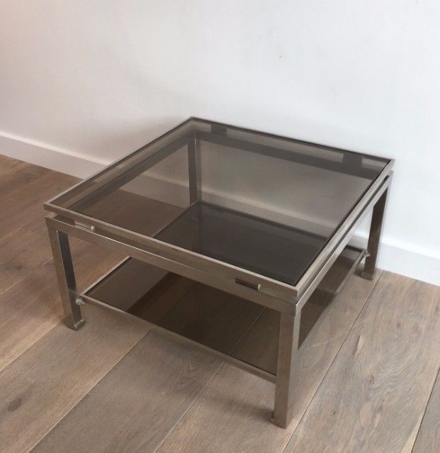 Pair Of Brushed Steel Side Tables With Smoked Glass By Guy Lefèvre For Maison Jansen. Circa 1970 photo 2220.0