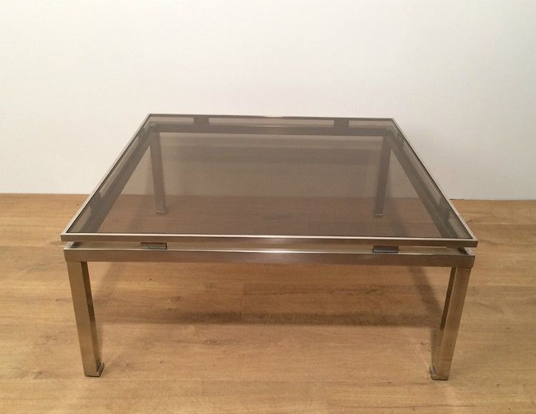 Guy Lefèvre. Brushed Steel Square Coffee Table. Circa 1970