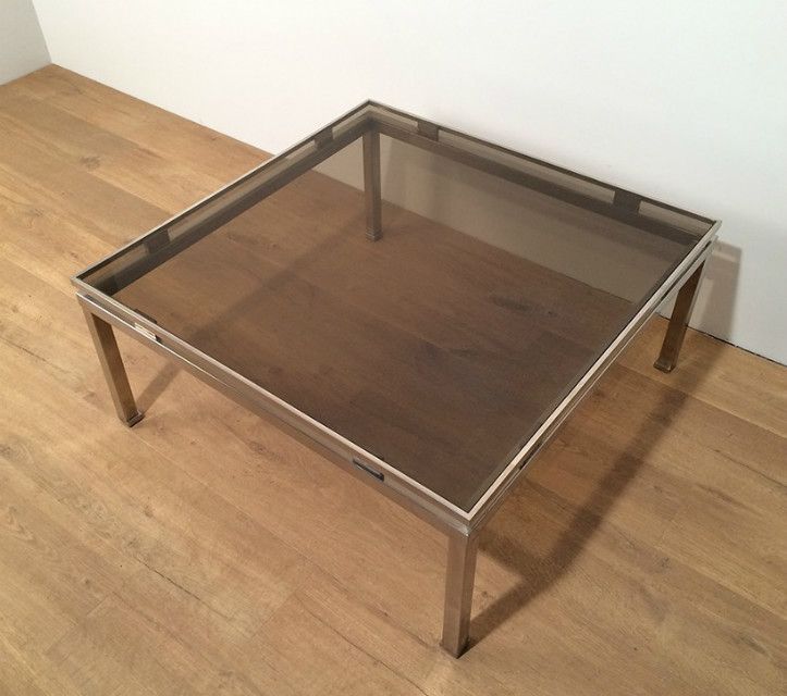 Guy Lefèvre. Brushed Steel Square Coffee Table. Circa 1970 photo furniture