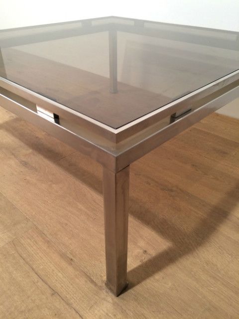 Guy Lefèvre. Brushed Steel Square Coffee Table. Circa 1970 photo Furniture