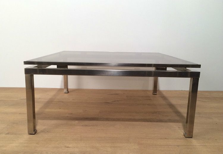 Guy Lefèvre. Brushed Steel Square Coffee Table. Circa 1970 photo vintage