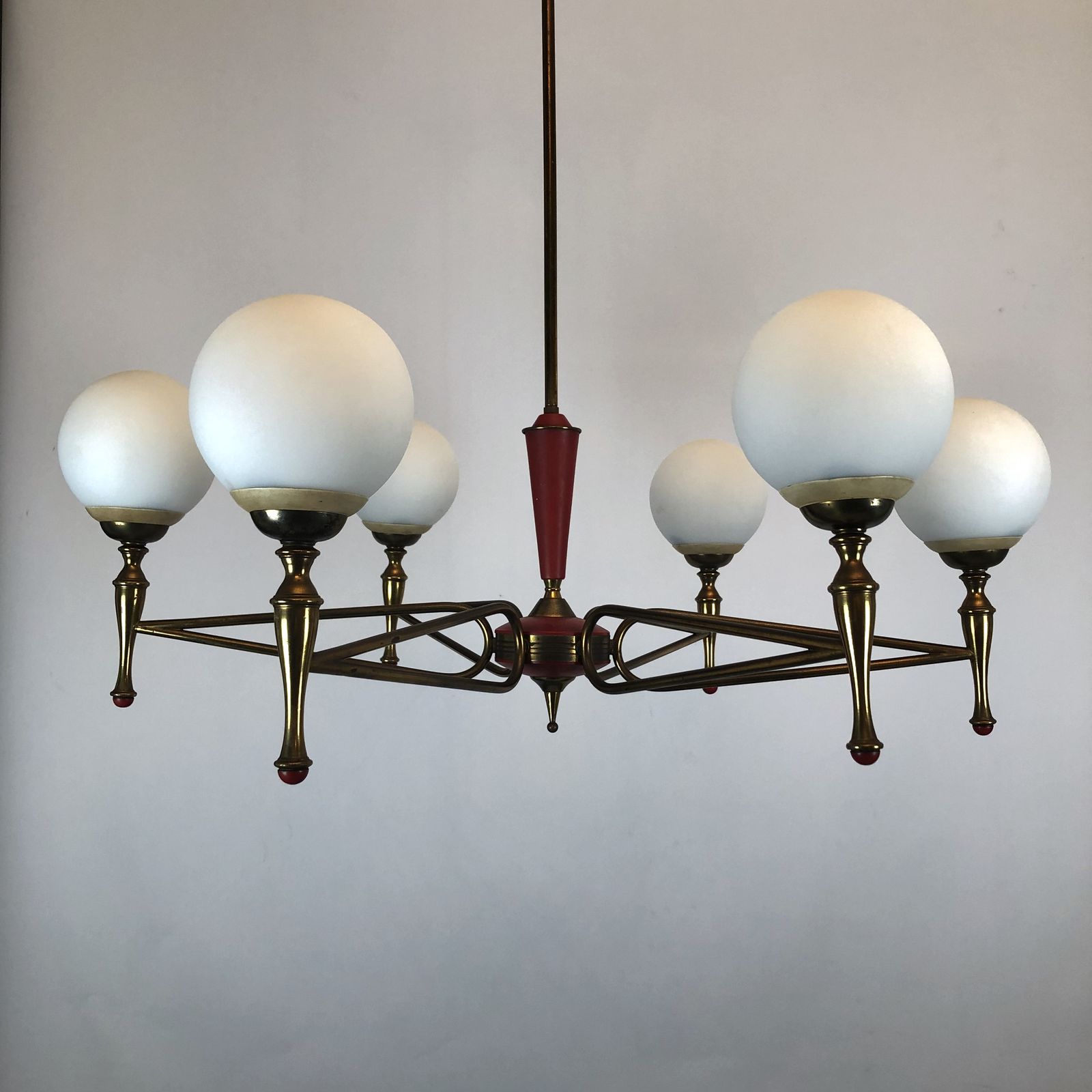 photo for sale Large Stilnovo, Vintage Italian Red And Gold Chandelier From 50s