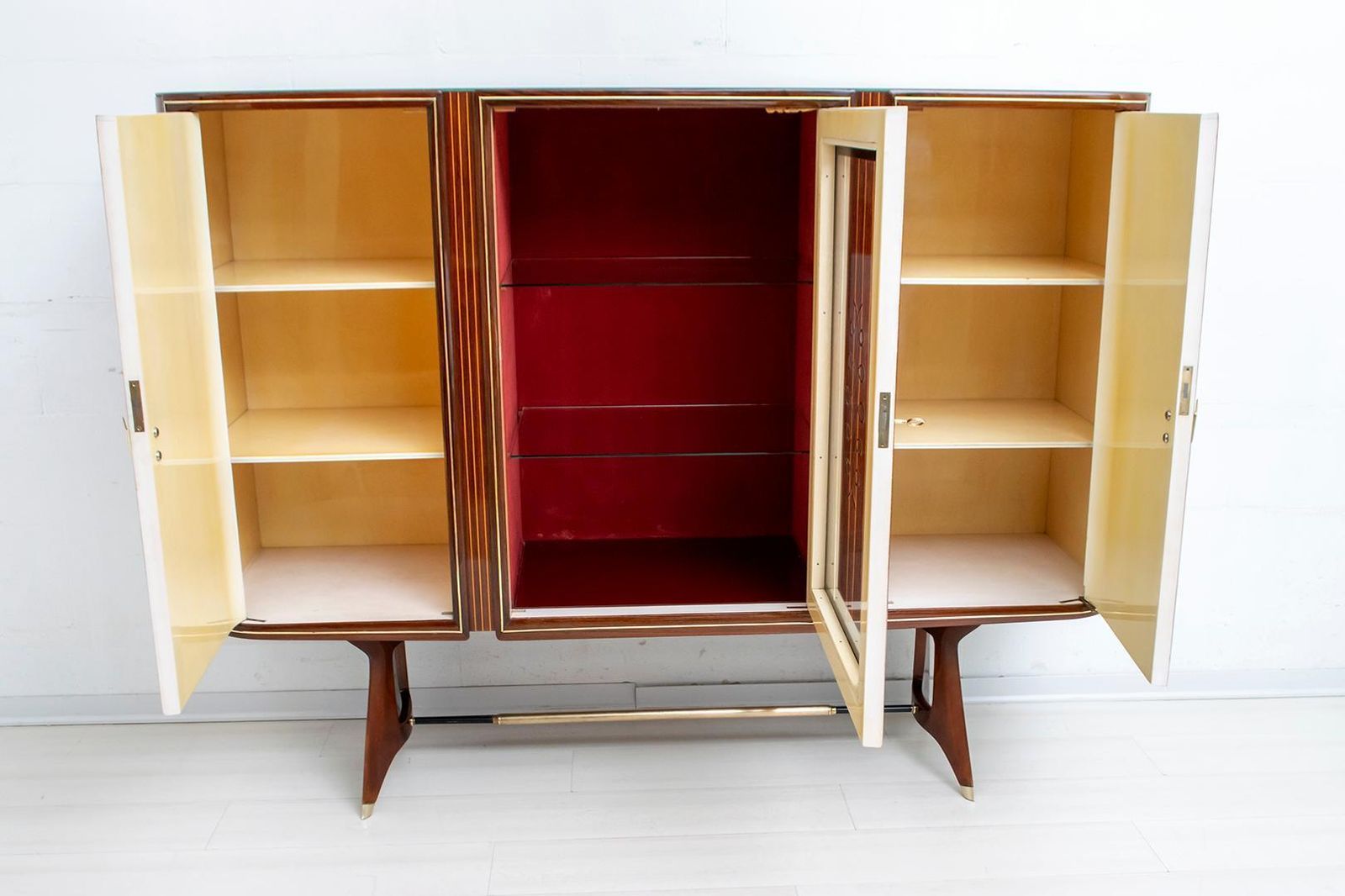 After Gio Ponti Mid Century Modern Italian Mahogany And Brass Bar Cabinet, 1950s photo vinterior
