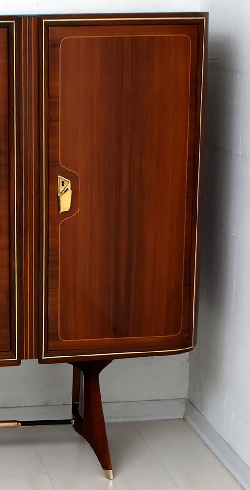 photo for sale After Gio Ponti Mid Century Modern Italian Mahogany And Brass Bar Cabinet, 1950s