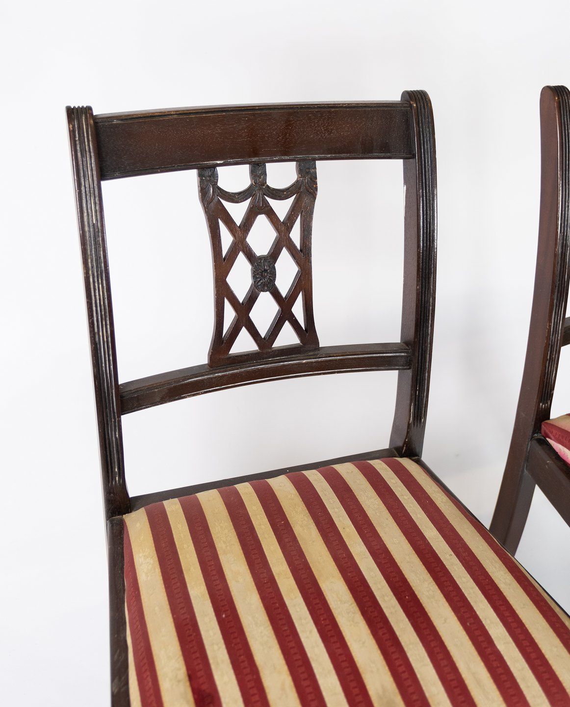 A Set Of 2 Mahogany Dining Chairs And Upholstered With Striped Fabric From The 1960s. photo furniture