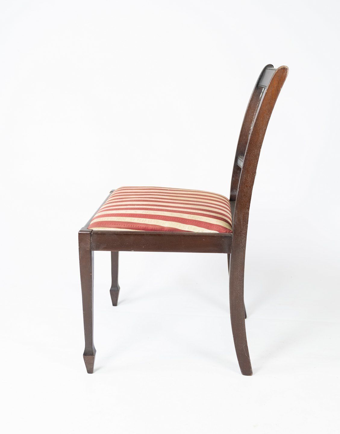A Set Of 2 Mahogany Dining Chairs And Upholstered With Striped Fabric From The 1960s. photo vintage