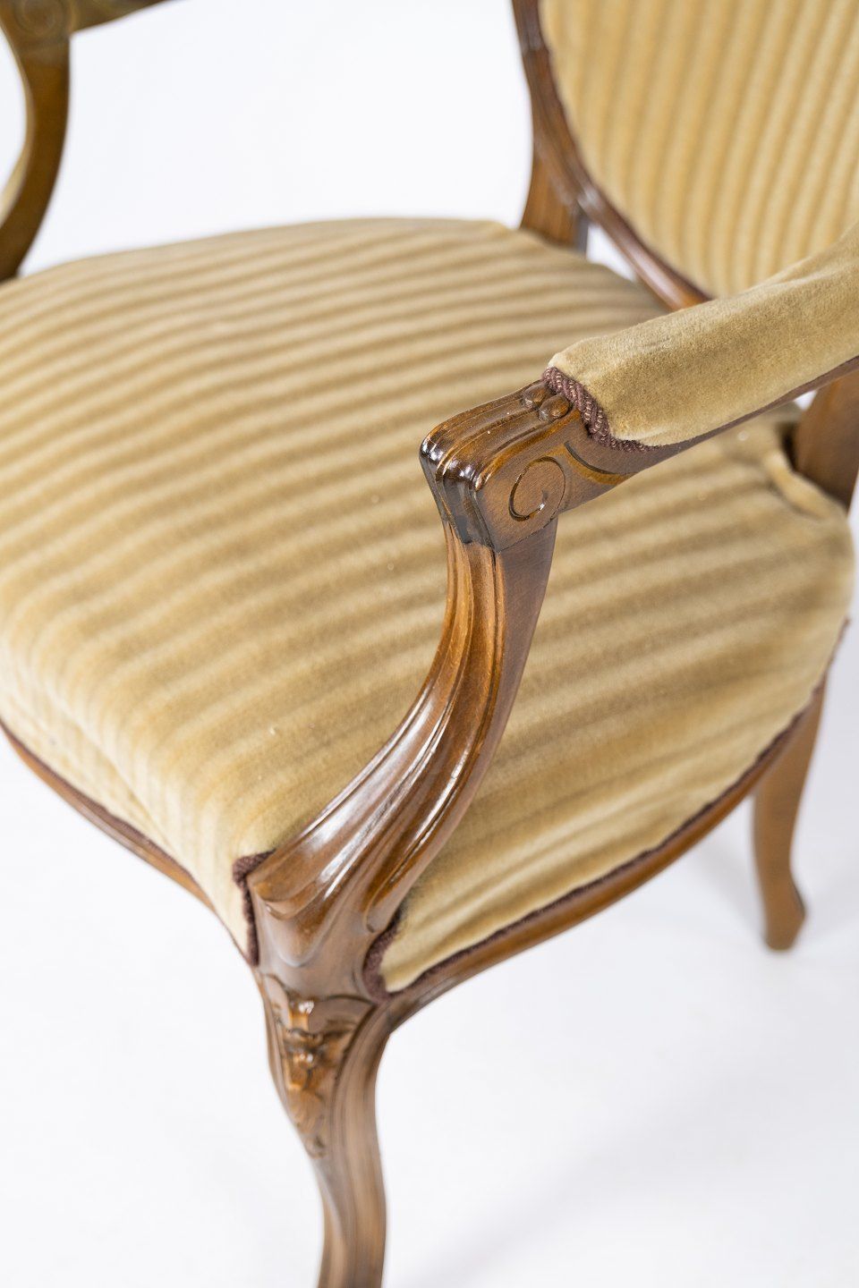 Rococo Armchair In Light Wood And Upholstered In Light Velor Fabric From The 1920s. photo for sale