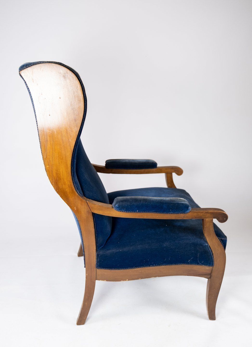 Antique Armchair Upholstered With Dark Blue Velor Fabric And Mahogany Designed By Fritz Henningsen. photo 1235.0