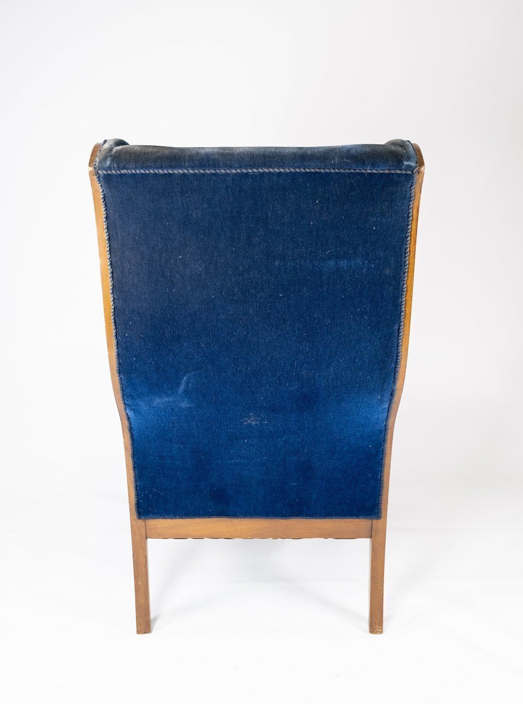 Antique Armchair Upholstered With Dark Blue Velor Fabric And Mahogany Designed By Fritz Henningsen. photo vinterior
