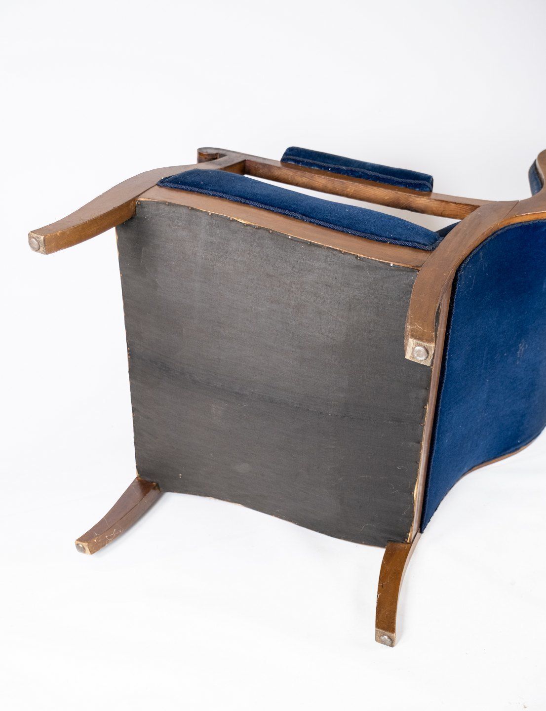 Antique Armchair Upholstered With Dark Blue Velor Fabric And Mahogany Designed By Fritz Henningsen. photo buy
