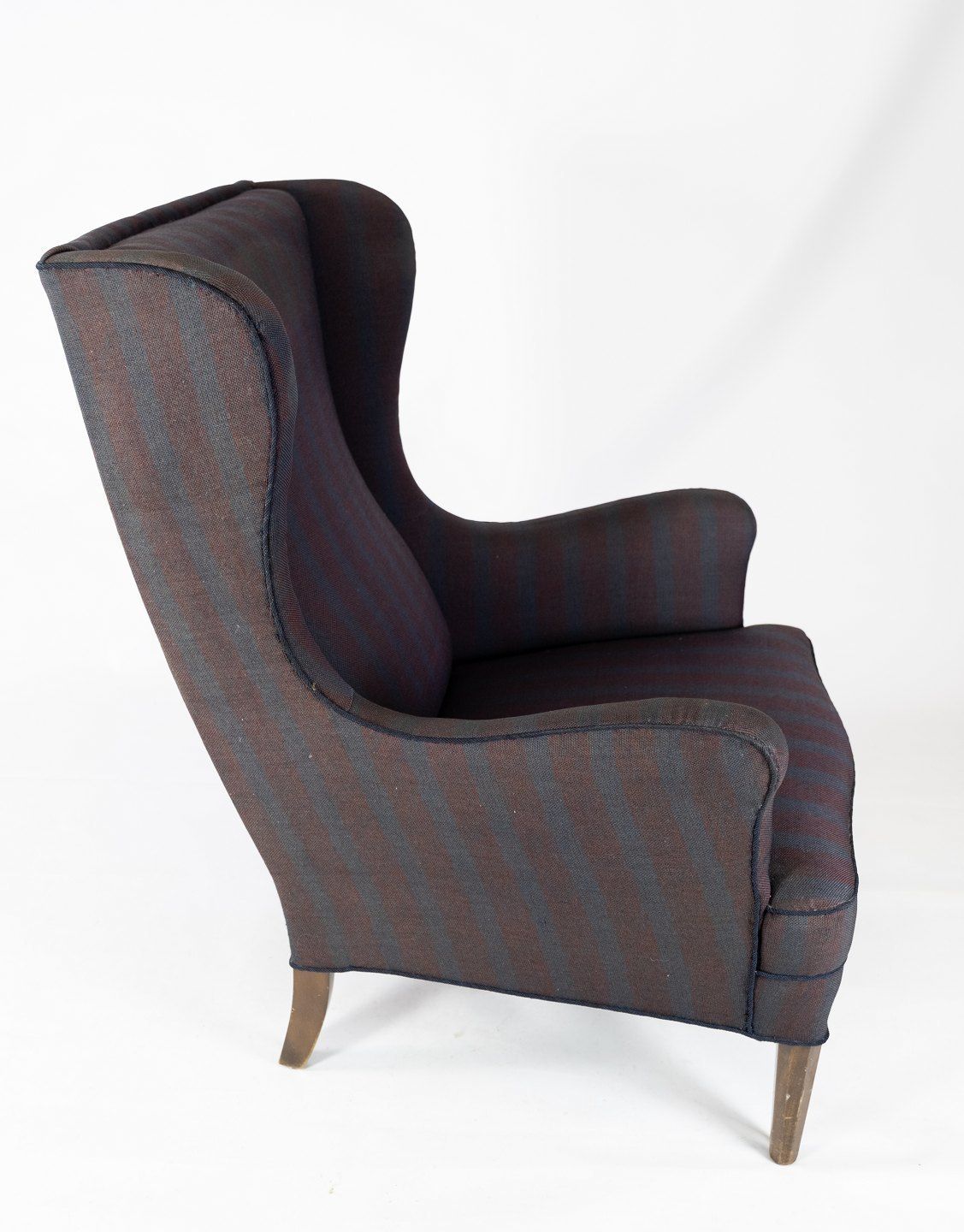 High Armchair With Dark Striped Fabric From The 1940s. photo vinterior