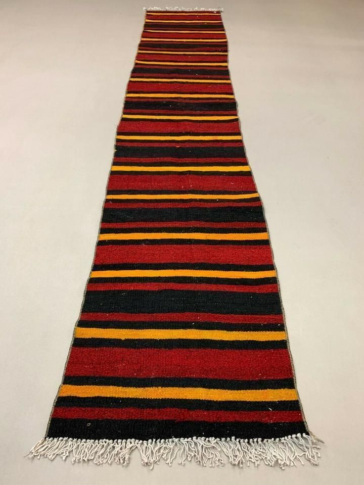 Old Turkish Narrow Kilim Runner 280x54 Cm, Shabby Chic, Vintage Kelim Red Black
