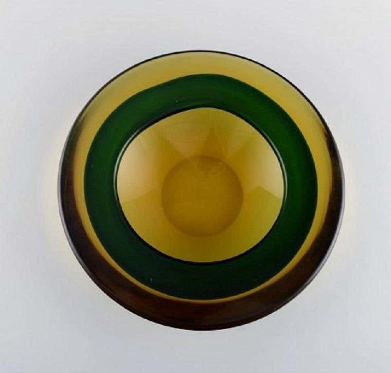 Murano Bowl In Mouth Blown Art Glass In Amber And Green Yellow Shades, 1960s photo for sale