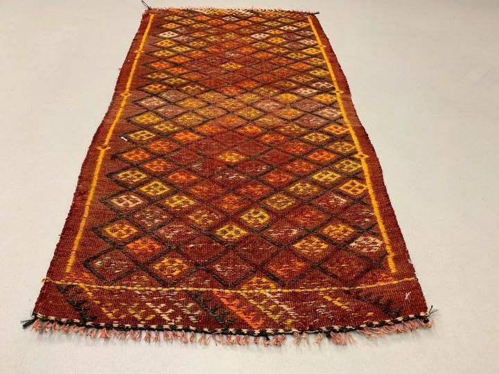 Vintage Turkish Mini Kilim 100x51 Cm Shabby Wool Small Kelim Rug Black,Red photo for sale