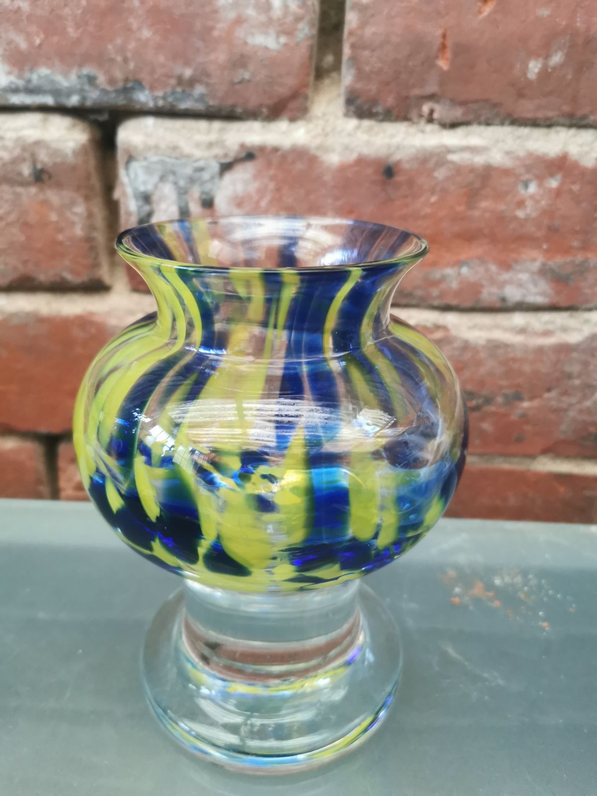 Kosta Boda Sea Mid Century Blue & Yellow Art Glass Vase photo for sale