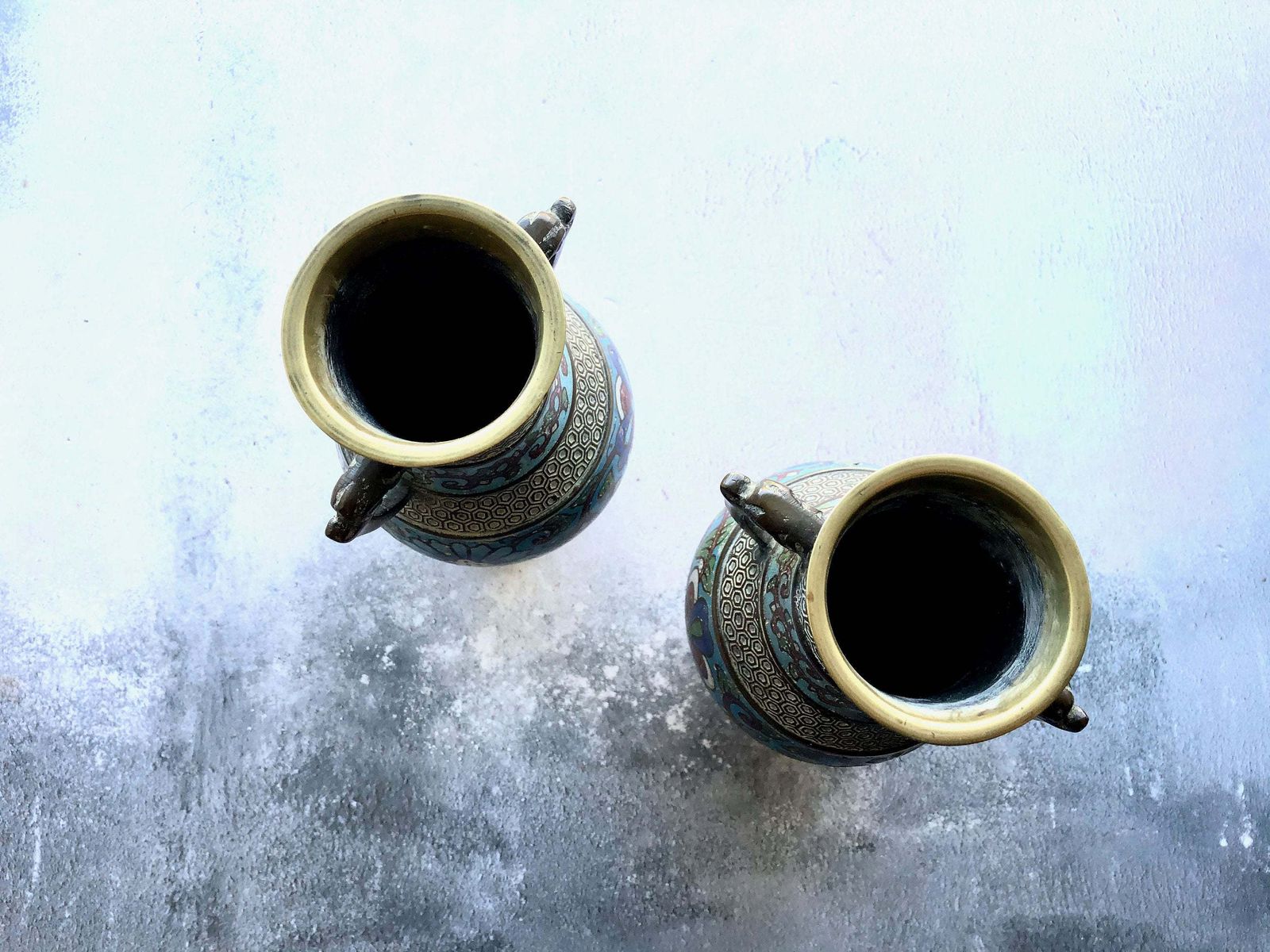Pair Of 19th Century Antique Chinese Enamel Cloisonné Brass Vases photo for sale