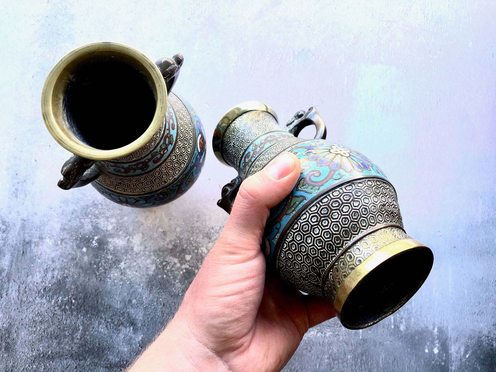 Pair Of 19th Century Antique Chinese Enamel Cloisonné Brass Vases photo 125.0