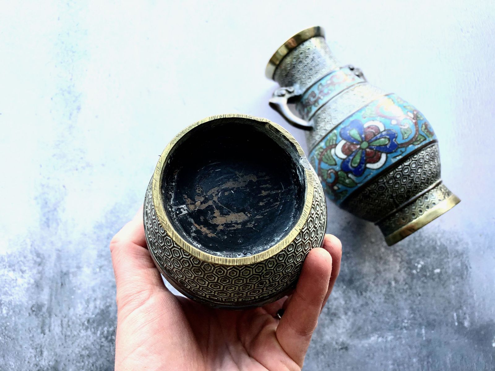 photo furniture Pair Of 19th Century Antique Chinese Enamel Cloisonné Brass Vases