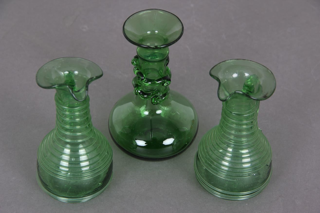 3 Danish Glass Vases / Jugs. Mouth Blown Green Glass. Kastrup Glasværk. photo furniture