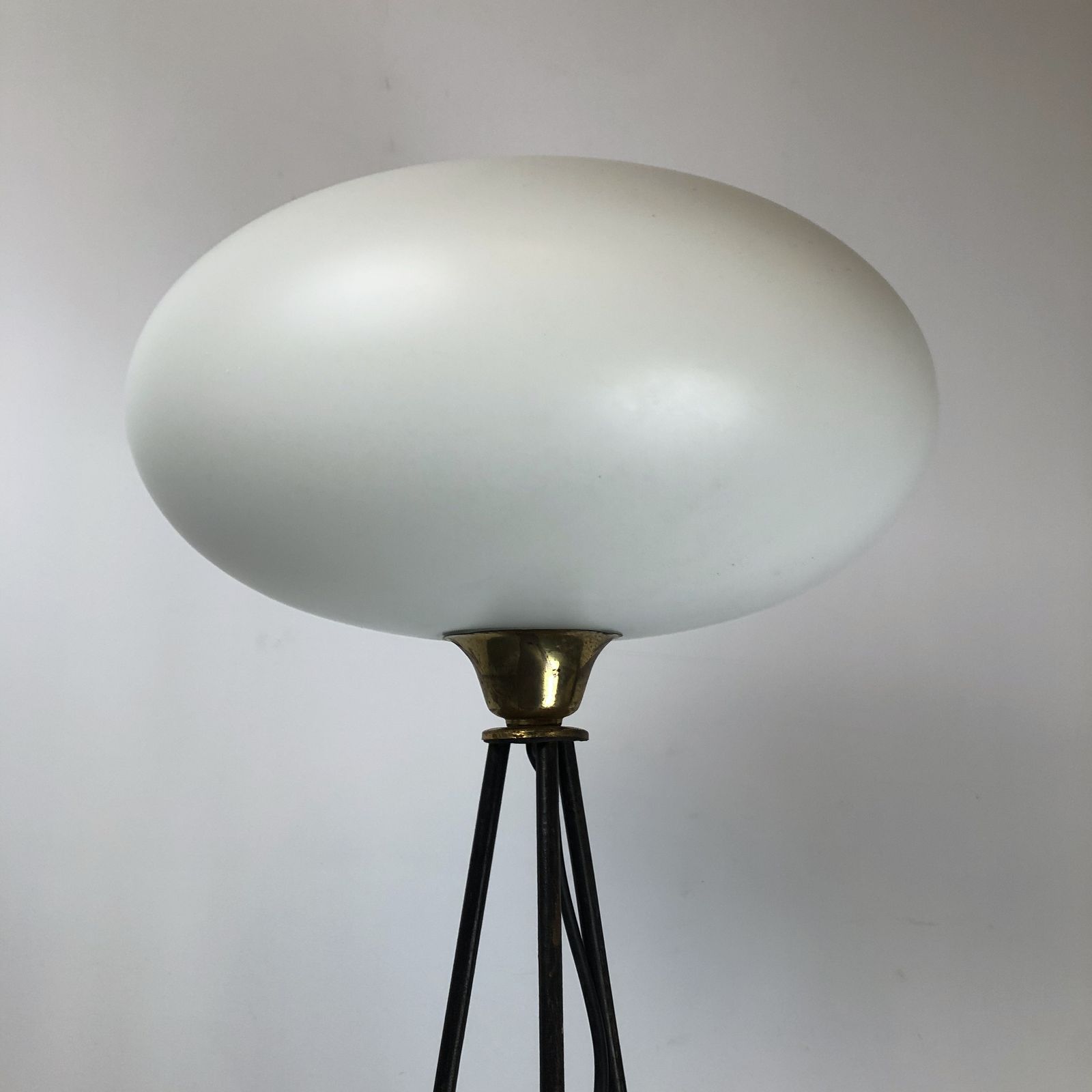 Stilnovo, Iconic Italian Brass, Lacquer And Triplex Opaline Glass Tripod Lamp From 50s photo for sale