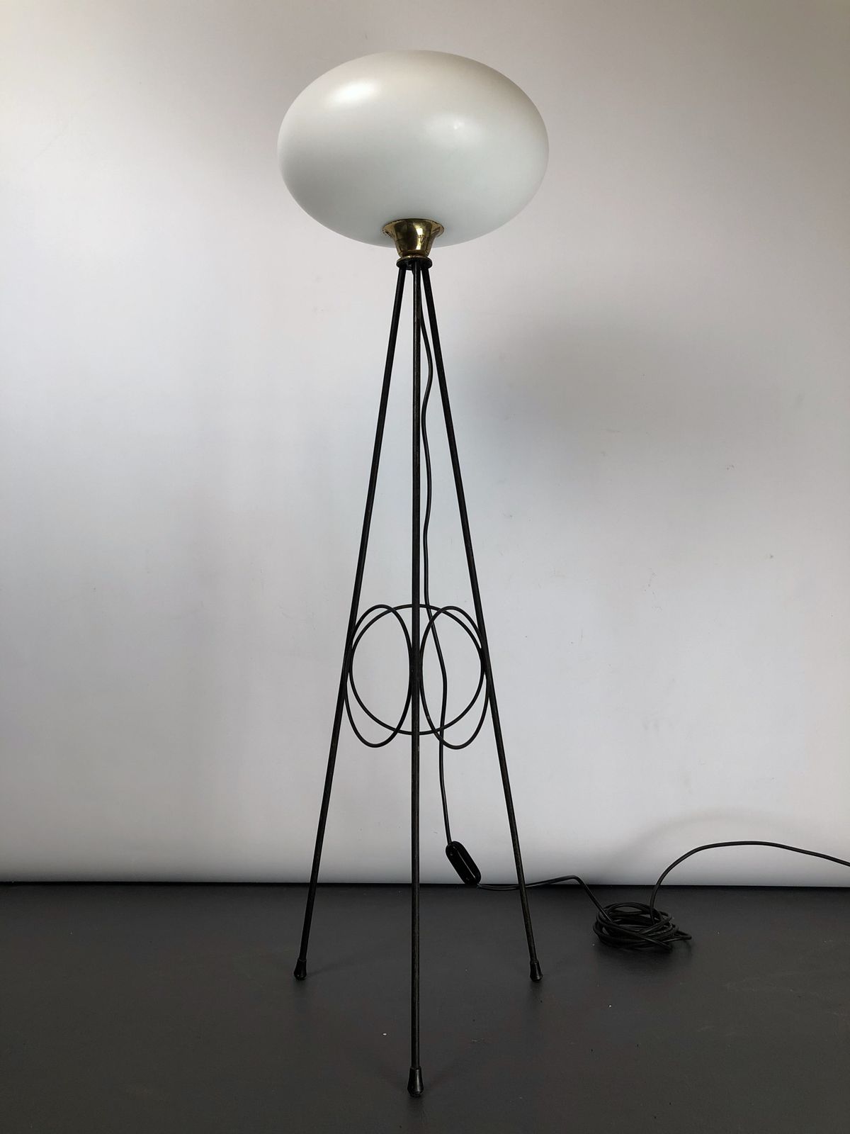 photo buy Stilnovo, Iconic Italian Brass, Lacquer And Triplex Opaline Glass Tripod Lamp From 50s