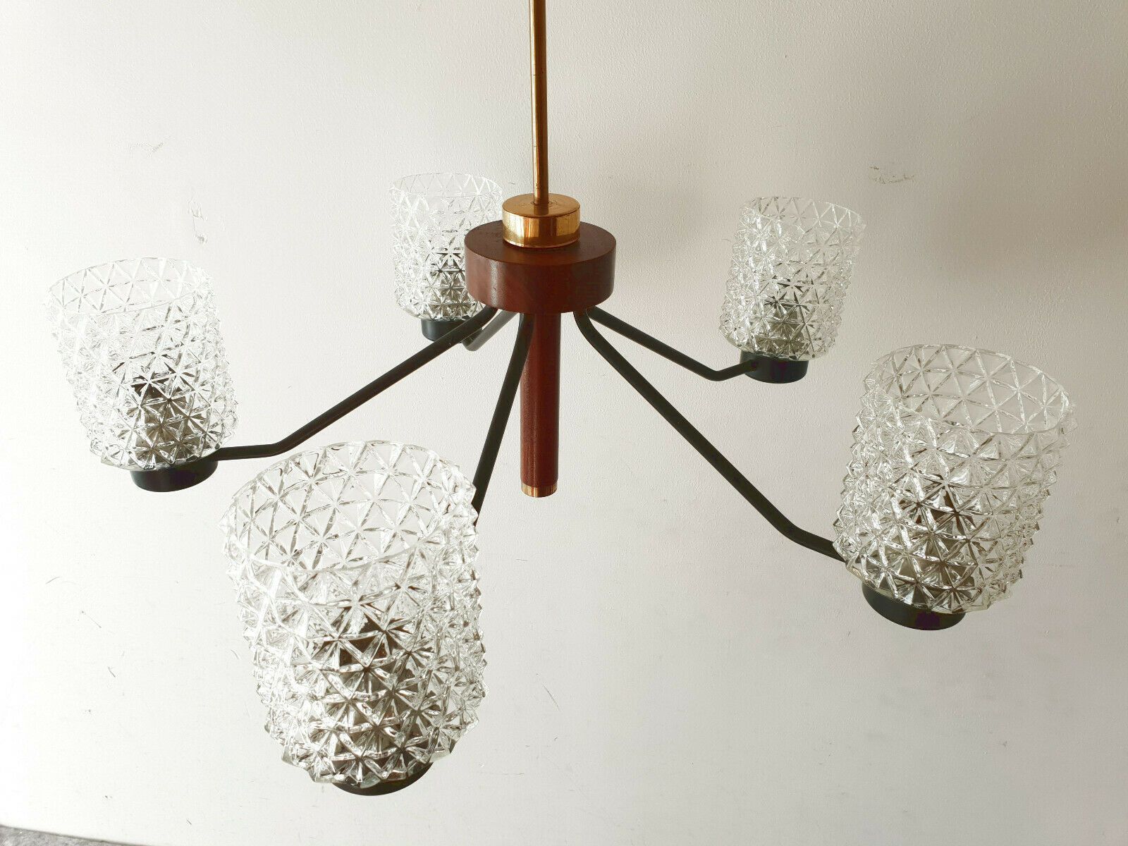 Vintage 1960 Scandinavian Ceiling Chandelier In Teak, Brass, Glass, Steel 1960s photo furniture