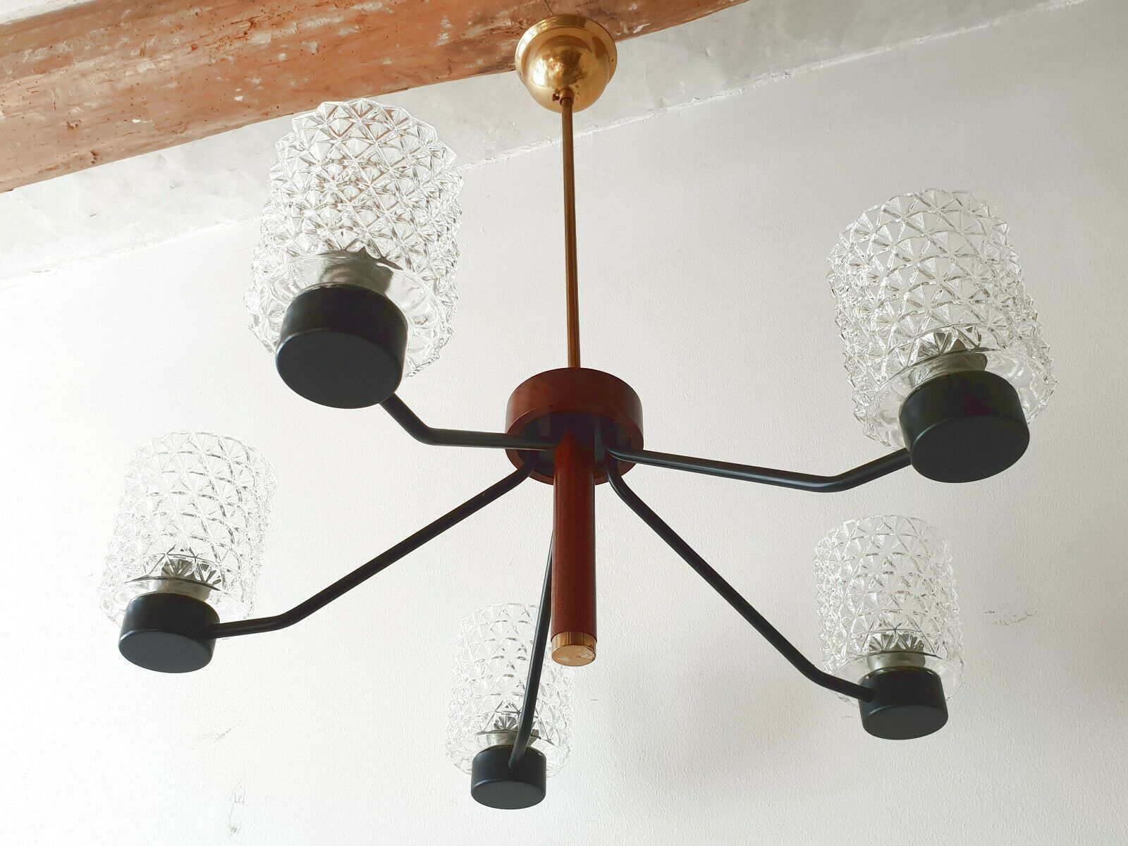 Vintage 1960 Scandinavian Ceiling Chandelier In Teak, Brass, Glass, Steel 1960s photo vintage