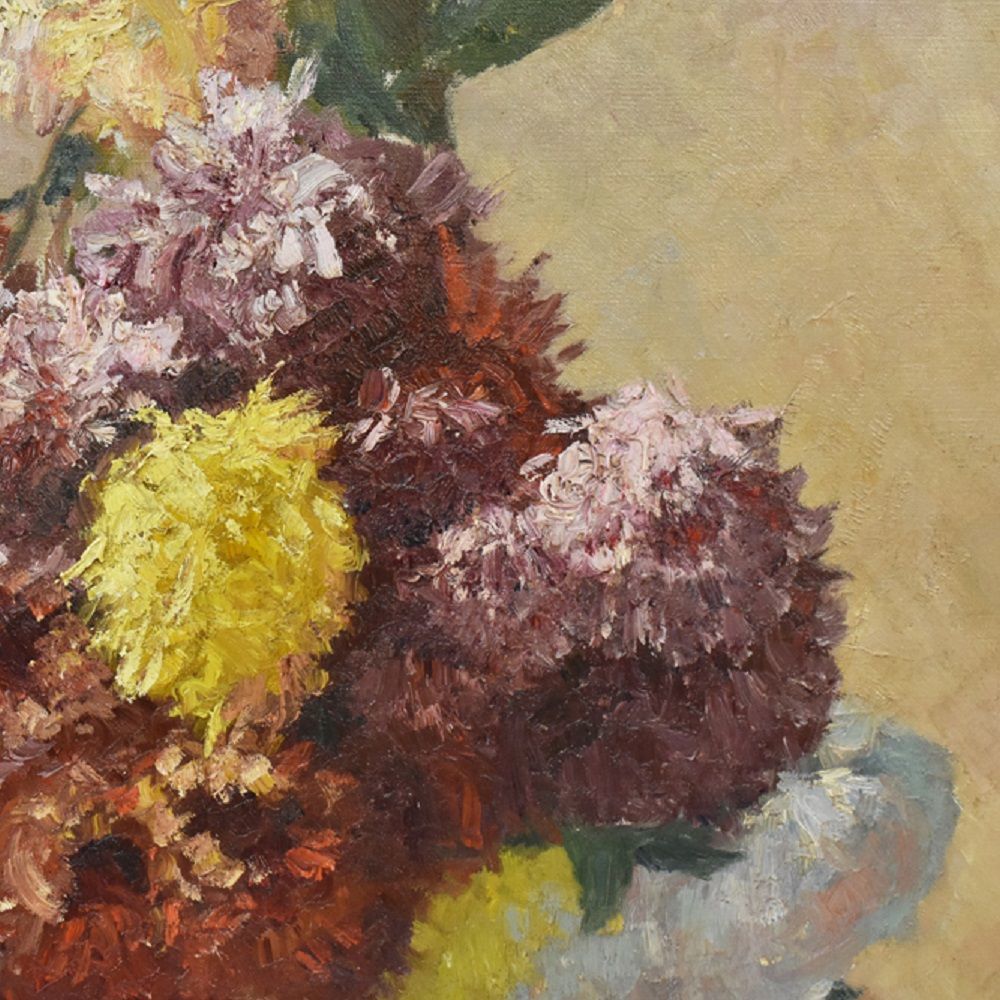 Flower Painting, Peonies Flower Art, Still Life Floral, Oil On Canvas, 19th Century. (Qf158) photo for sale