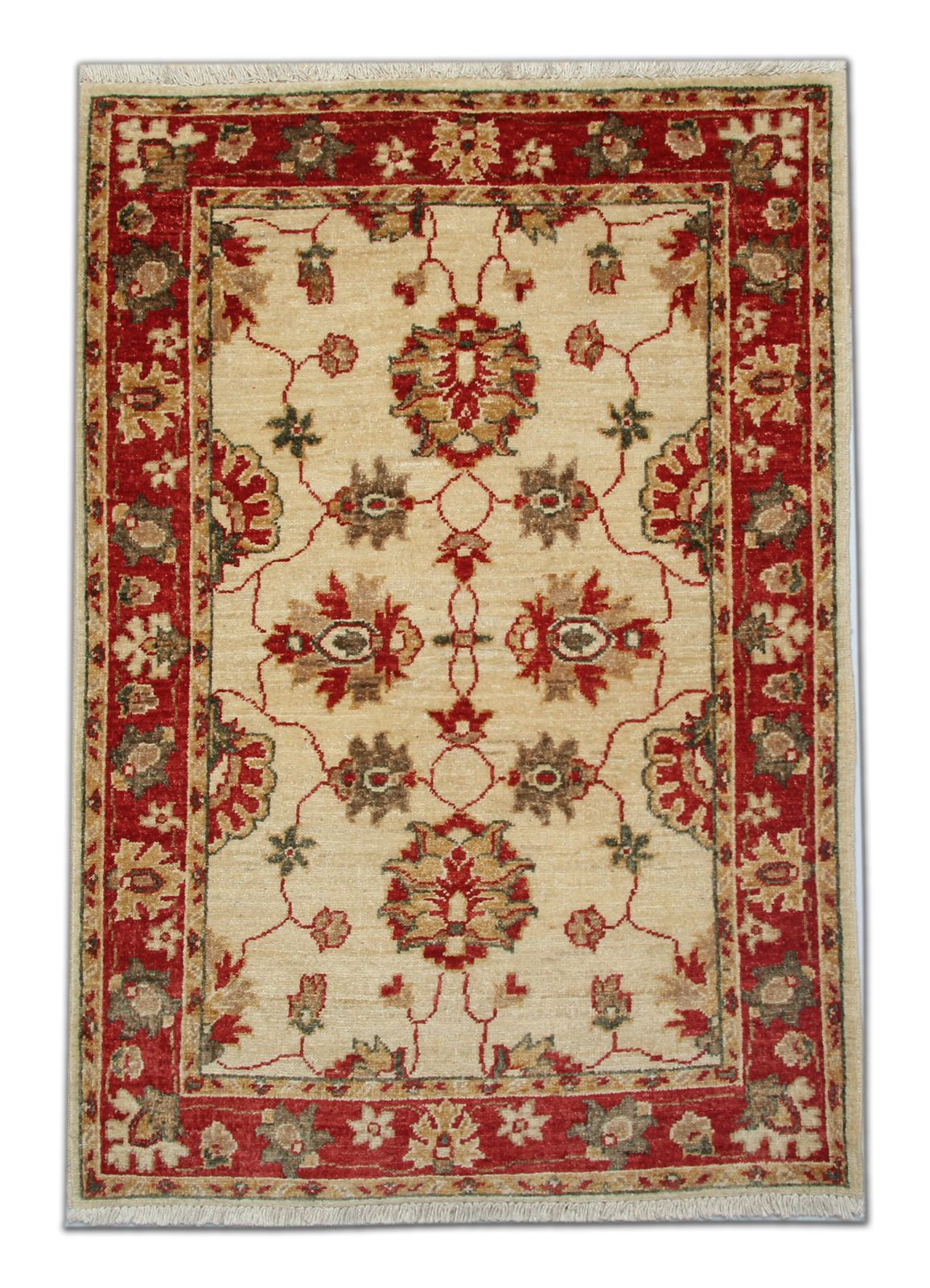 Small Handwoven Afghan Ziegler Rug, Traditional Cream Red Wool Carpet 86x123cm