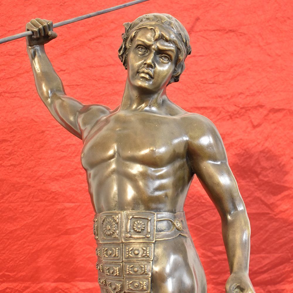 Antique Bronze Sculpture, Warrior And Lion With Spear, Signed Barye, 19th Century. (Stb39) photo Art