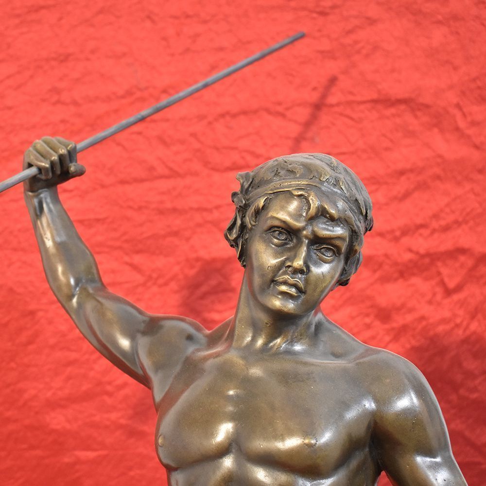 Antique Bronze Sculpture, Warrior And Lion With Spear, Signed Barye, 19th Century. (Stb39) photo 2700.0