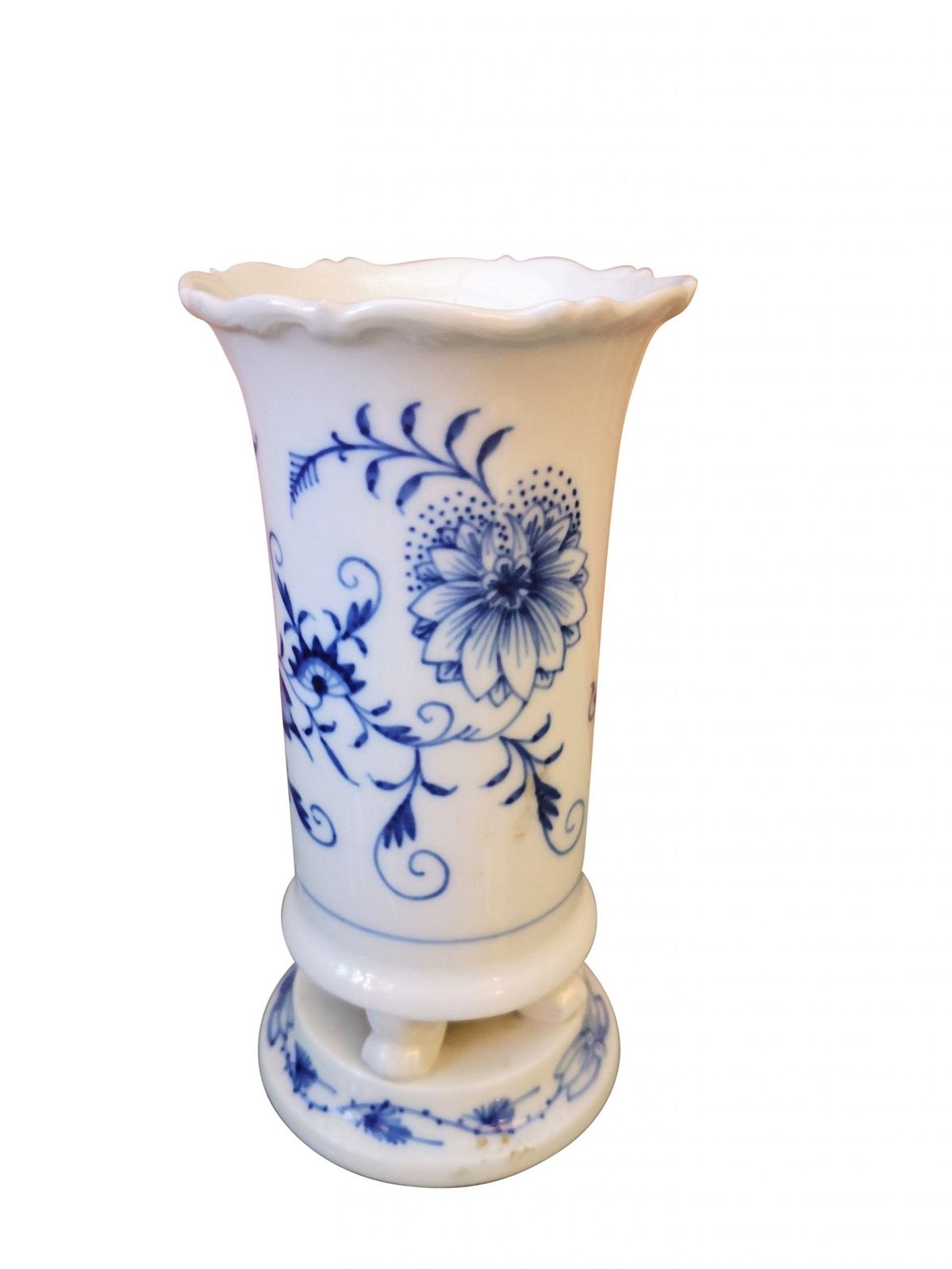 Meissen Blue Onion Footed Pedestal Vases Marked With Crossed Swords