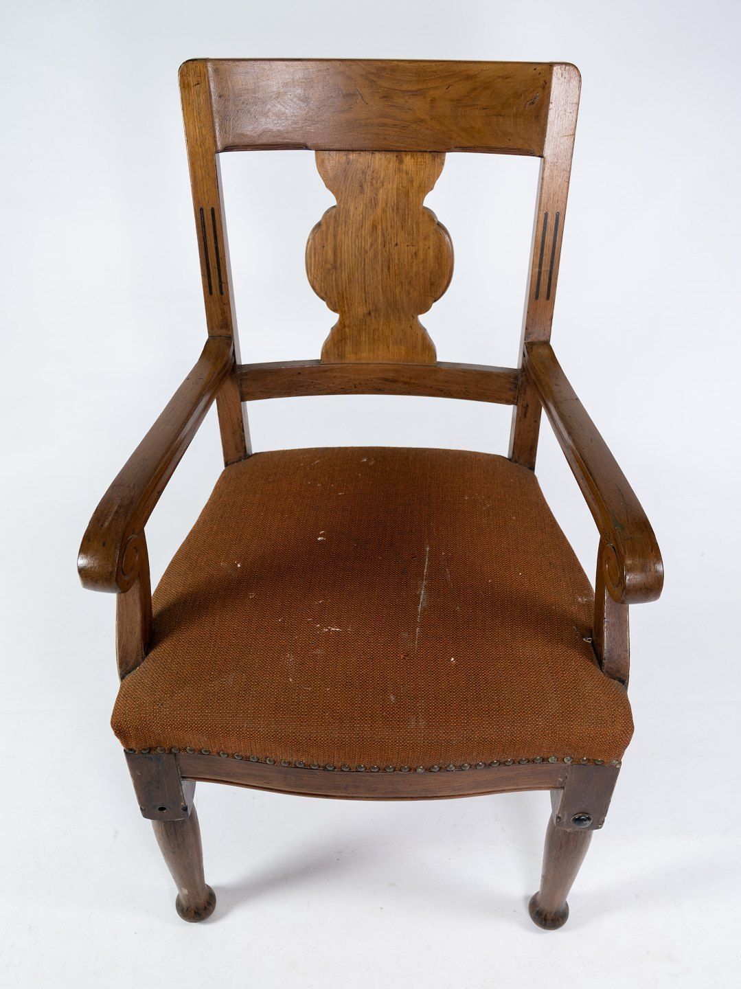 A Pair Of Antique Armchairs Of Dark Wood And Wool Fabric From The 1930s. photo vinterior