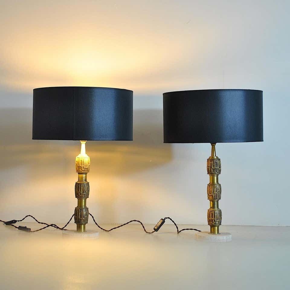 Luciano Frigerio Set Of Midcentury Table Lamps In Brass And Travertine, 1970s photo vintage