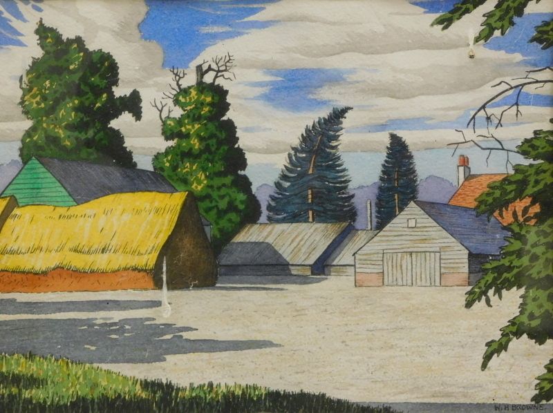 Wh Browne: A Vibrant C1930s Watercolour Of Pre War Farm Buildings photo for sale