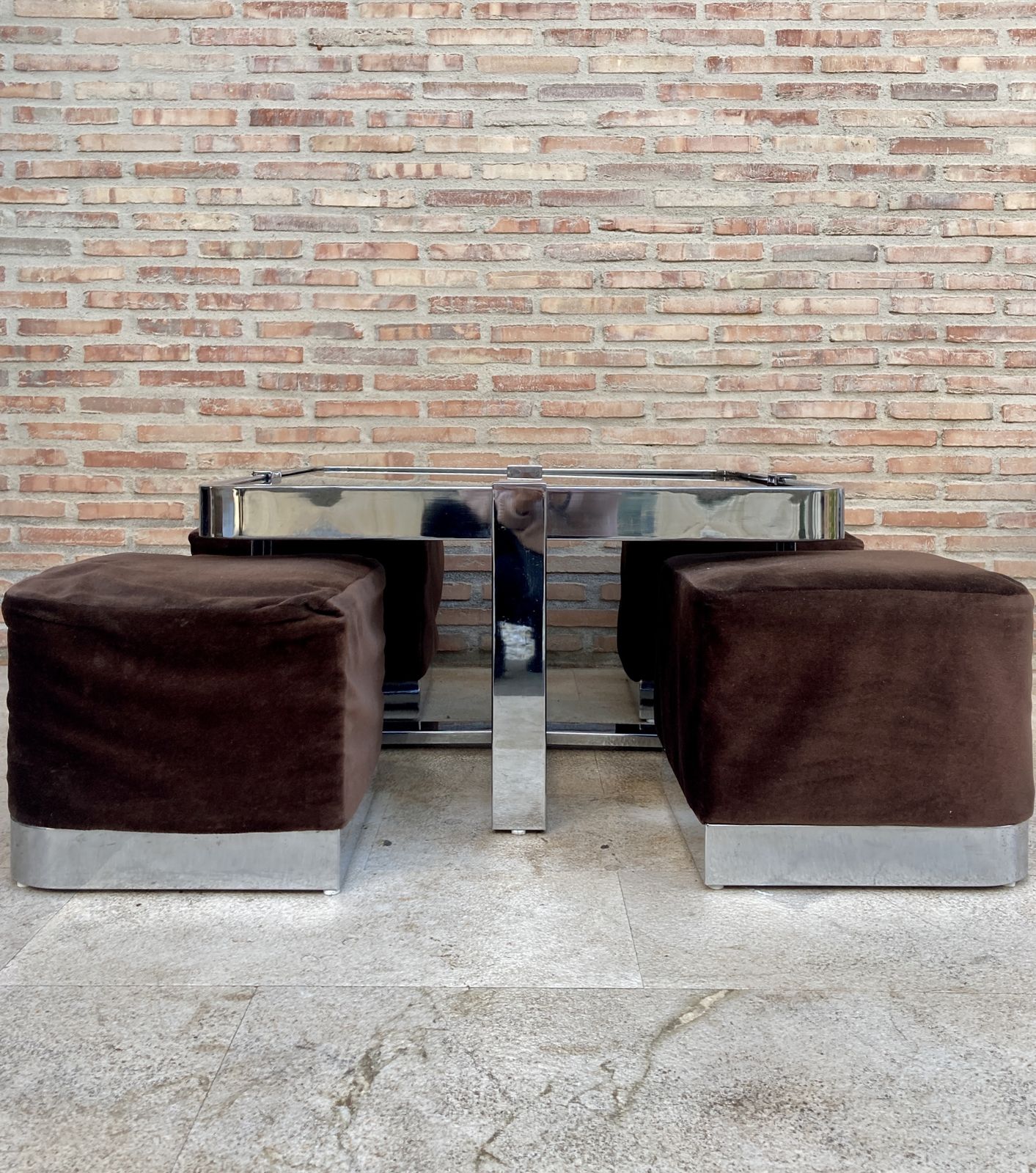 Square Smoked Glass And Steel Coffee Or Side Table With Four Nesting Stools, 1970s, Set Of 5 photo vinterior