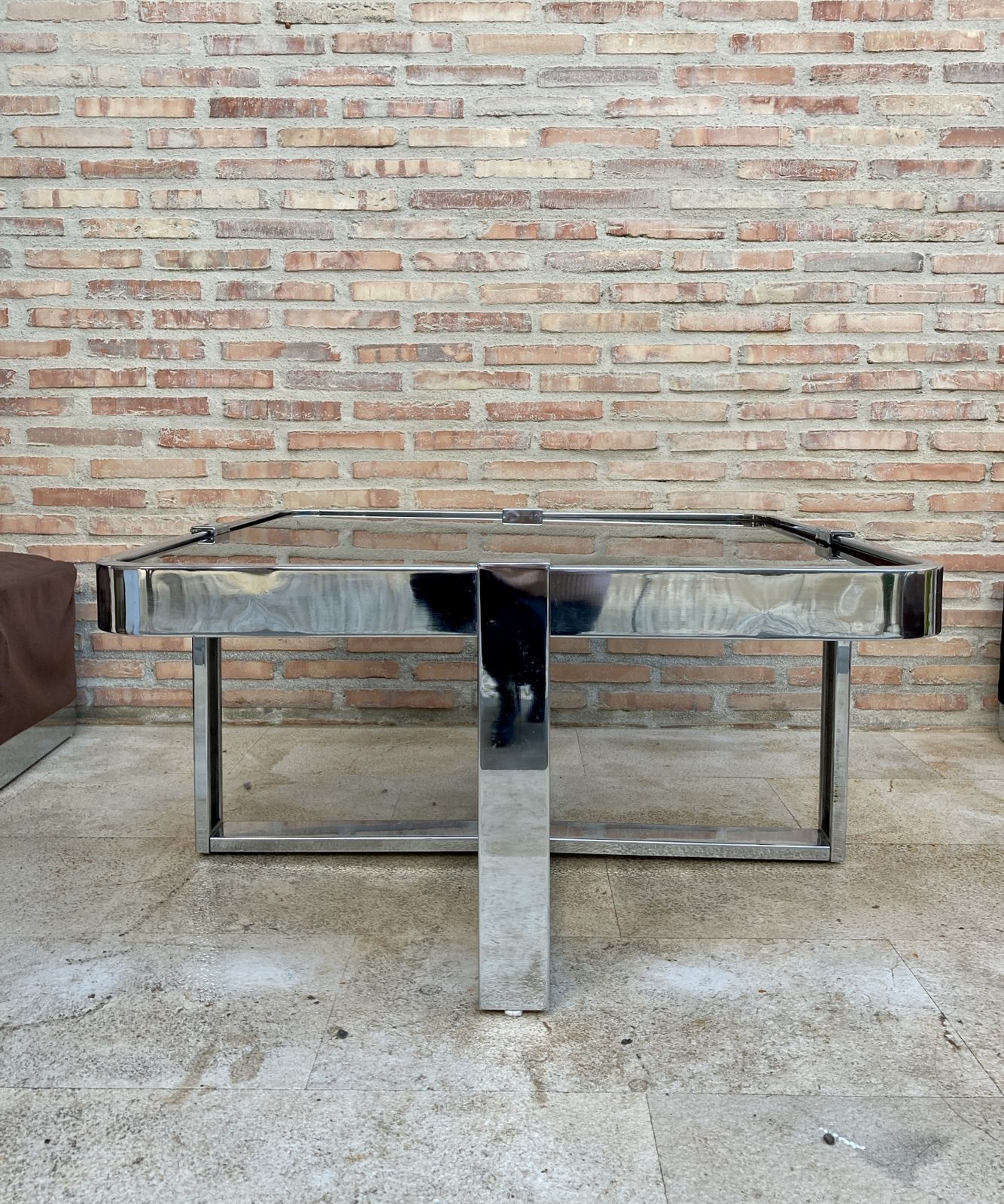 Square Smoked Glass And Steel Coffee Or Side Table With Four Nesting Stools, 1970s, Set Of 5 photo buy