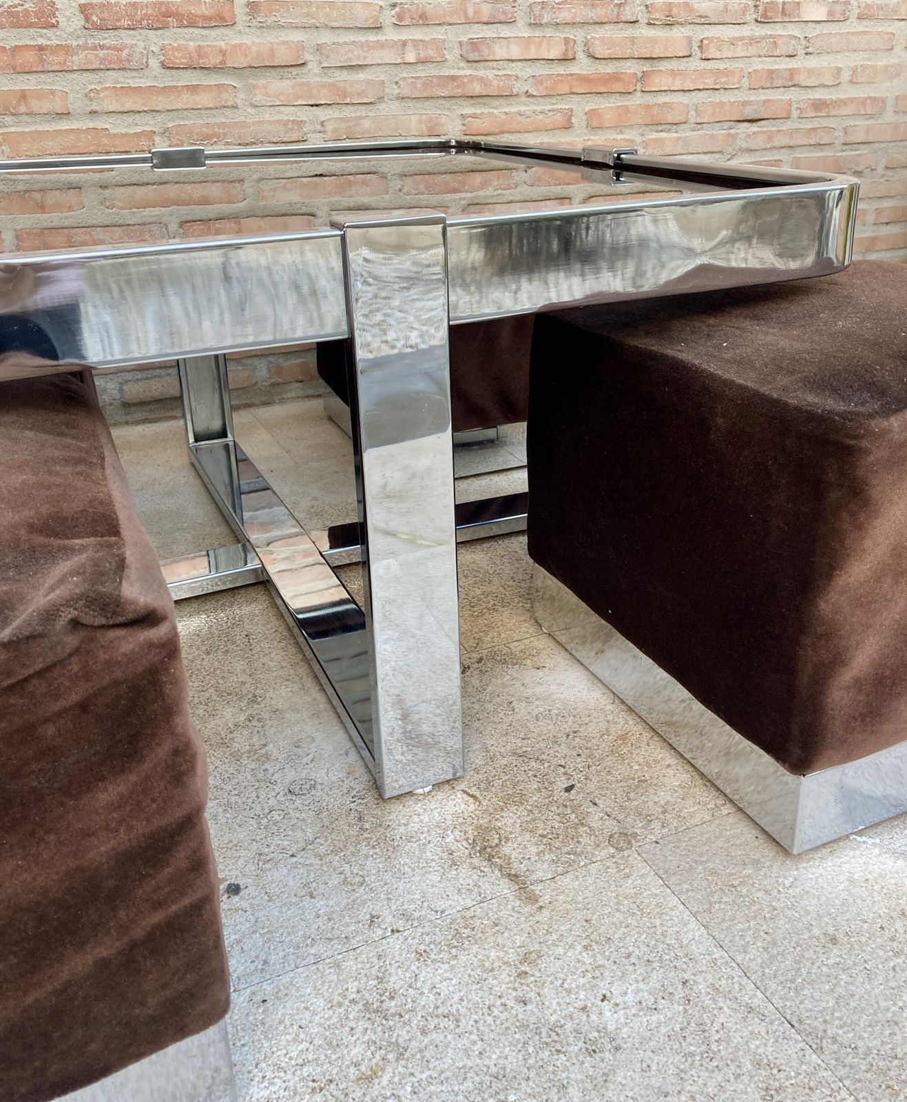 photo furniture Square Smoked Glass And Steel Coffee Or Side Table With Four Nesting Stools, 1970s, Set Of 5